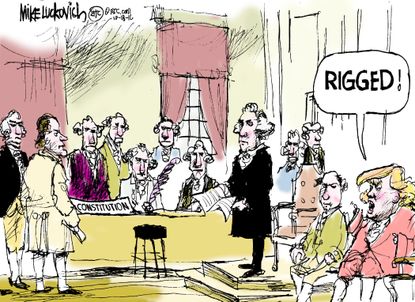 Political cartoon U.S. 2016 election Donald Trump Founding Fathers rigged election