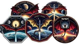 Five similar mission patch designs, each featuring a mythological dragon, as generated by an AI