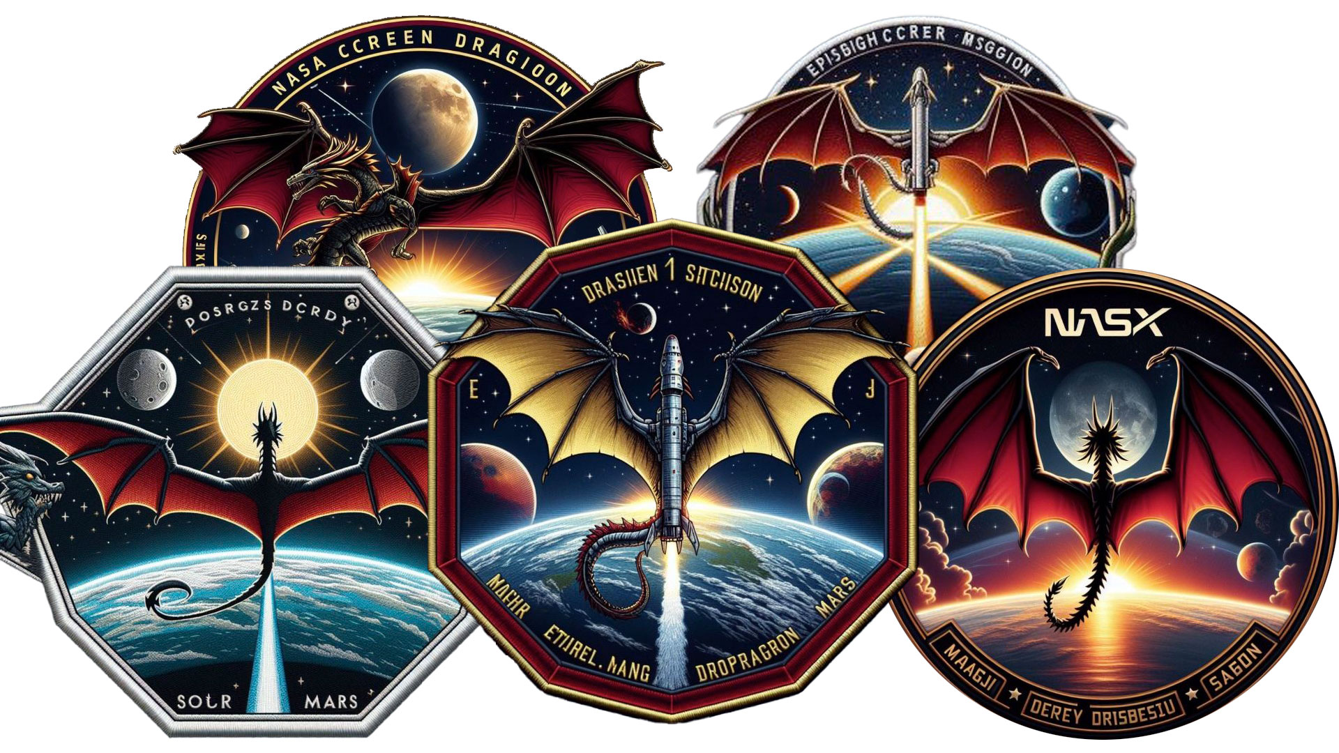 Five similar mission patch designs, each featuring a mythological dragon, as generated by an AI