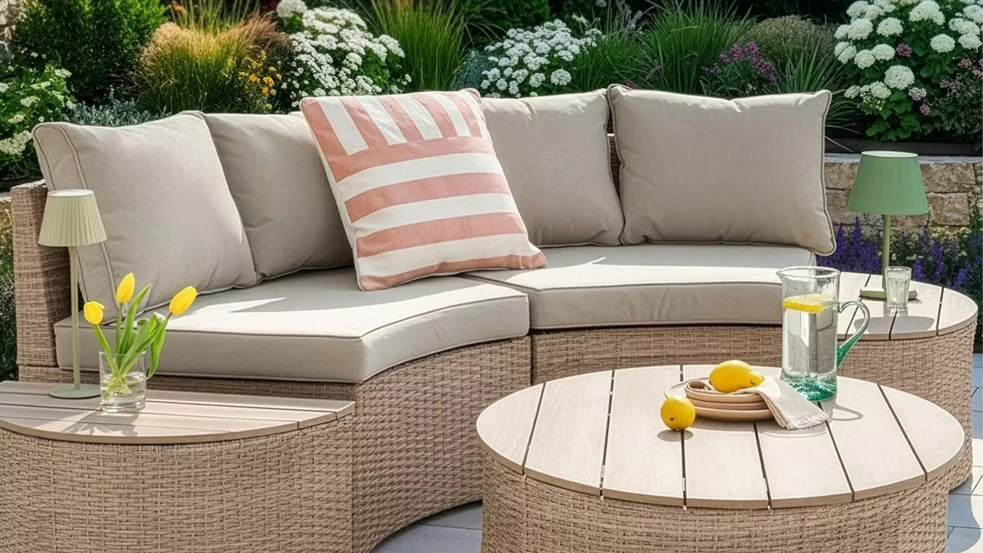 Curved modular sofa with round coffee table