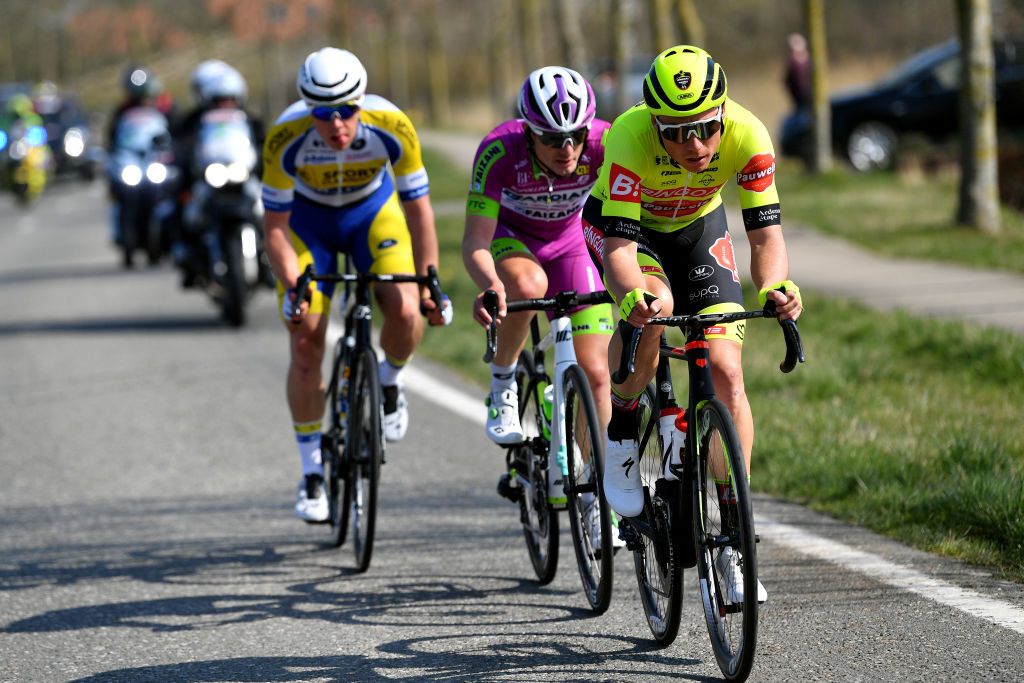 DE PANNE BELGIUM MARCH 23 Dimitri Peyskens of Belgium and Team Bingoal Pauwels Sauces WB competes in the breakaway ahead of Enrico Battaglin of Italy and Team Bardiani Csf Faizane and Jens Reynders of Belgium and Team Sport Vlaanderen Baloise during the 46th Minerva Classic Brugge De Panne 2022 a 2079km stage from Brugge to De Panne MinervaClassic on March 23 2022 in De Panne Belgium Photo by Luc ClaessenGetty Images