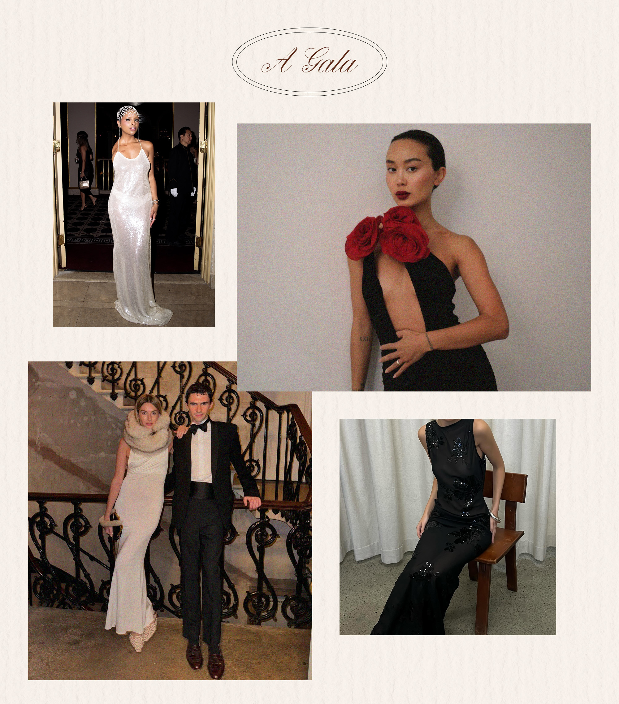 one woman wears a sheer maxi dress; one woman wears a black dress with red flowers; one woman wears a white dress with a fur scarf; one male wears a tuxedo; one woman wears a sheer black dress with sequins.