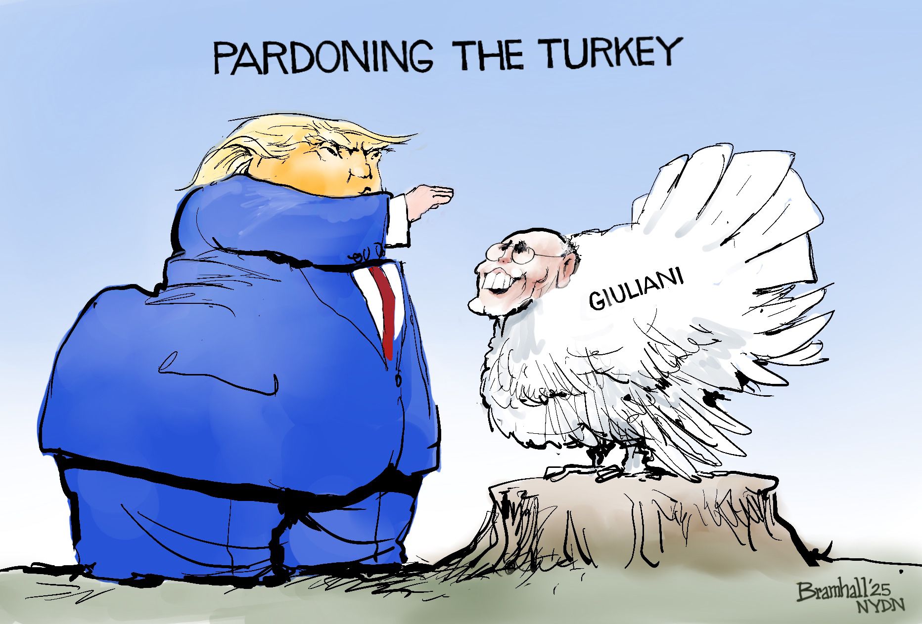 
                                This political cartoon is titled Pardoning the Turkey. A caricature of Donald Trump waves his hand at a turkey, who has the body of a bird and the head of Rudy Giuliani.
                            