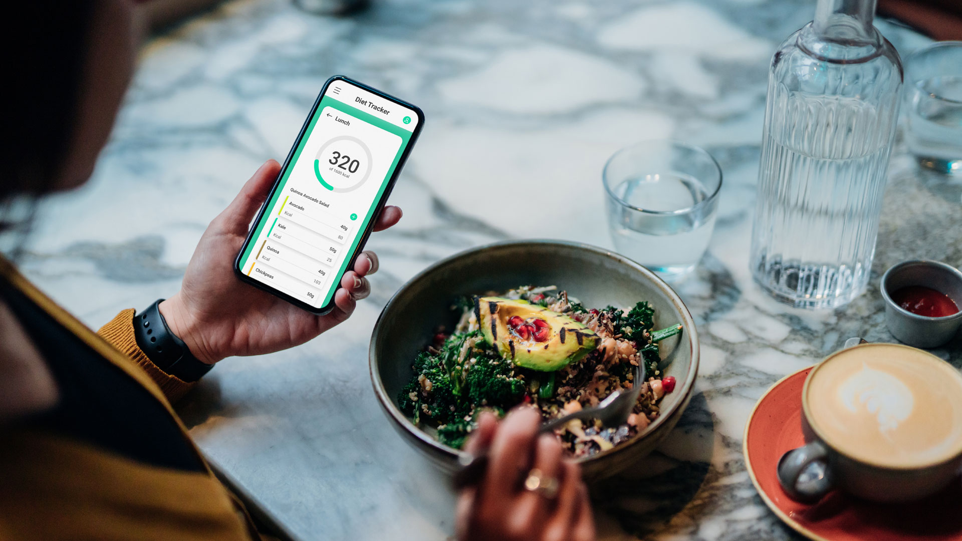Image shows food and calorie tracking app on phone