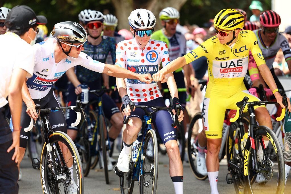 Belgian Remco Evenepoel of Soudal Quick-Step wearing the white jersey, Danish Jonas Vingegaard of Team Visma-Lease a Bike wearing the red polka-dot jersey and Slovenian Tadej Pogacar of UAE Team Emirates wearing the yellow jersey pictured at the start of stage 17 of the 2024 Tour de France cycling race, from Saint-Paul-Trois-ChÃ¢teaux to Superdevoluy (177,8 km), in France, on Wednesday 17 July 2024. The 111th edition of the Tour de France starts on Saturday 29 June and will finish in Nice, France on 21 July.
BELGA PHOTO DAVID PINTENS (Photo by DAVID PINTENS / BELGA MAG / Belga via AFP)