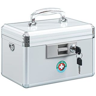 Silver colored lock box first aid box with two keys