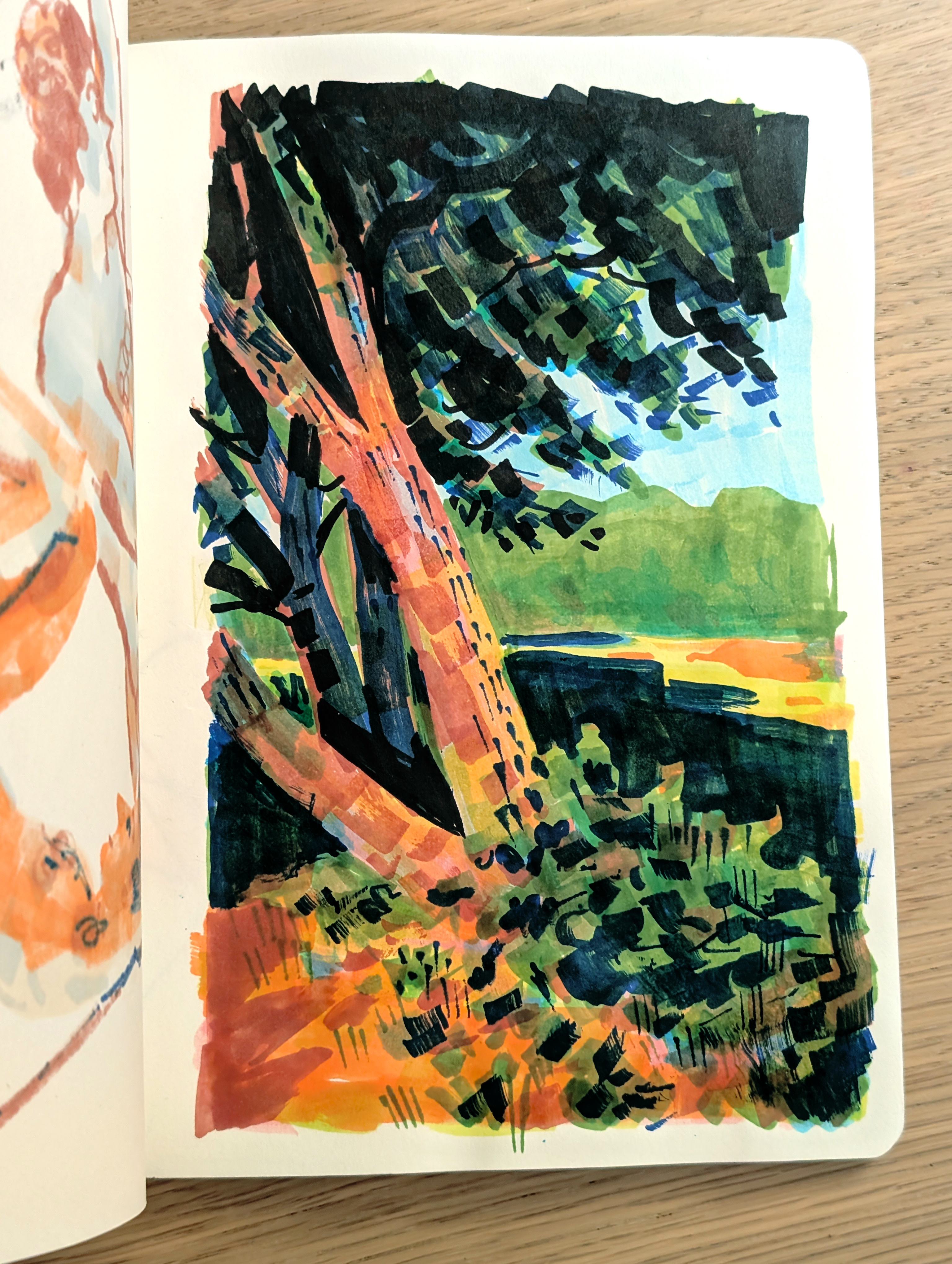 Artist sketchbook; a watercolour sketch of a tree and bush