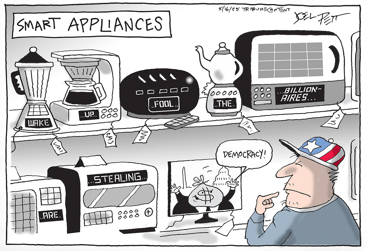 This editorial cartoon is titled "SMART APPLIANCES" and depicts a store shelf with various kitchen appliances that have digital displays showing messages. A man wearing a baseball cap with stars and stripes looks on with a skeptical expression and his finger to his chin. A blender reads "WAKE," a coffee maker says "...UP...", and a toaster displays "...FOOL...". A smart scale with a teapot on it reads "...THE..." and a microwave shows "...BILLIONAIRES..." Below, a smart air conditioning unit says "...ARE… STEALING”. A smart television displays a figure in front of the U.S. Capital with a dollar sign for a body who says "Democracy!"