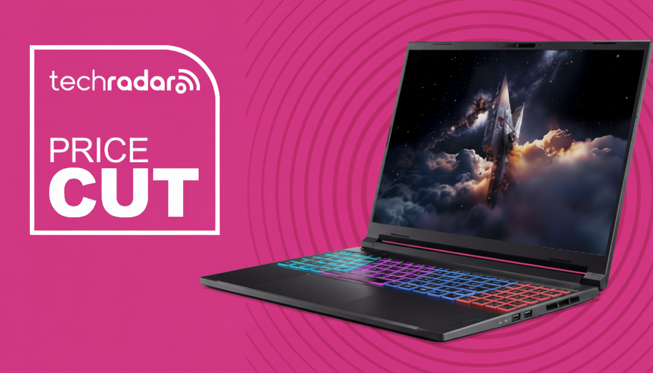 Acer Nitro V 16S laptop on a pink background with radar motif, next to text reading &#039;TechRadar Price Cut&#039;