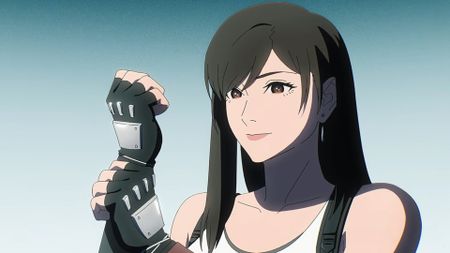 Final Fantasy 7 hero Tifa smiles gently while clutching her wrist