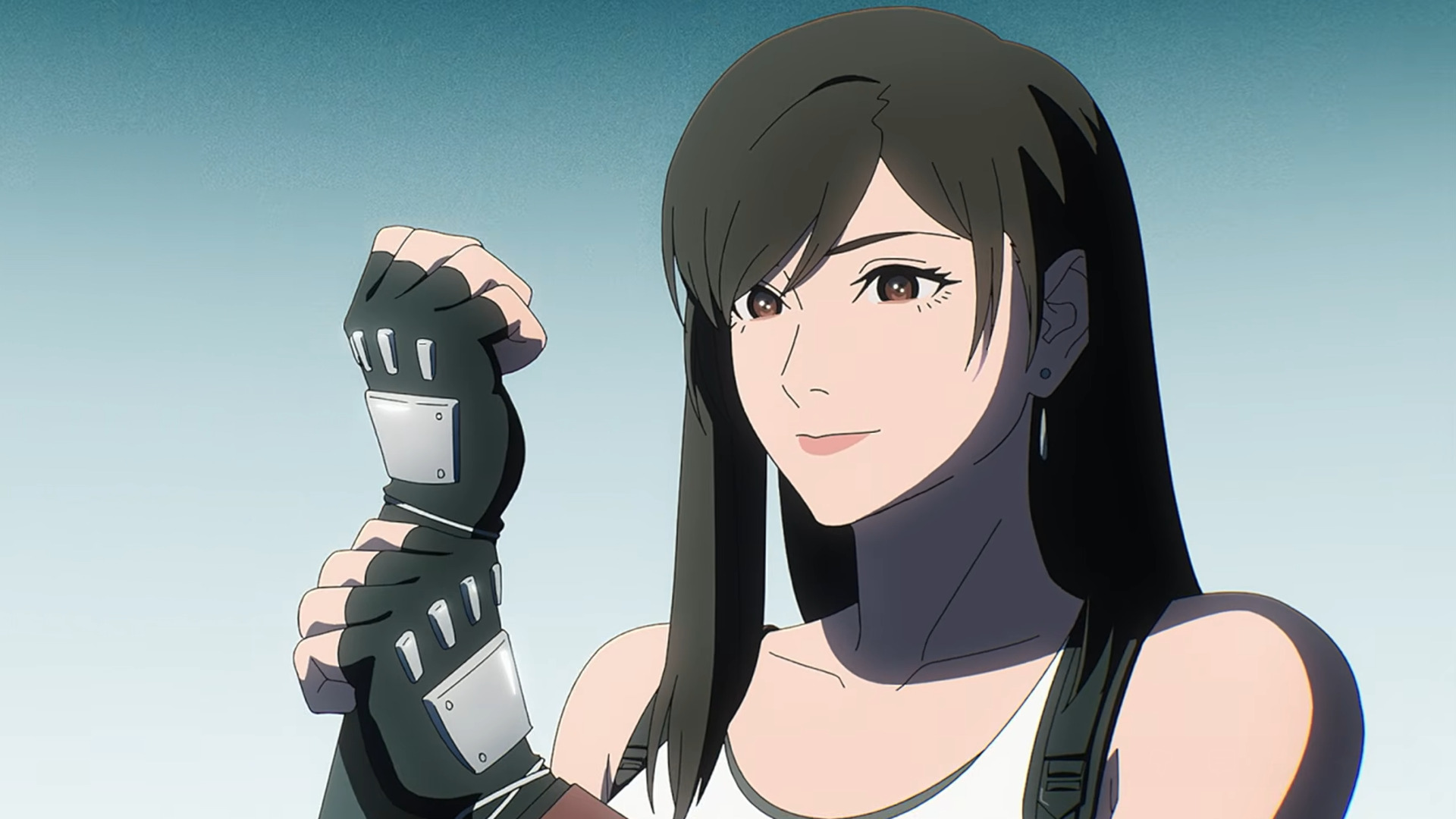 Final Fantasy 7 hero Tifa smiles gently while clutching her wrist
