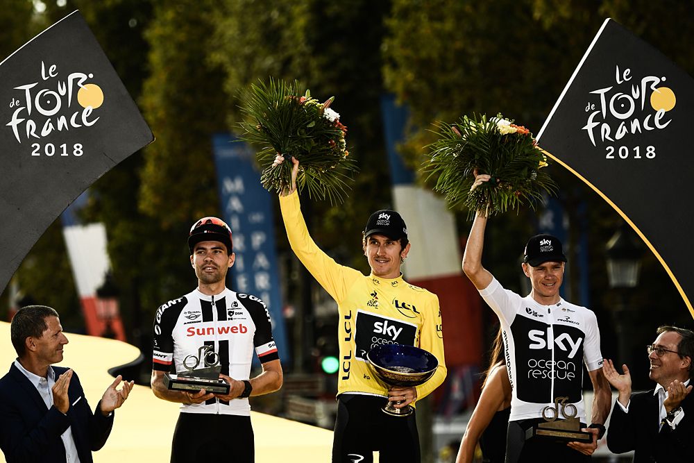 Geraint Thomas (Team Sky) on the final podium at the Tour de France