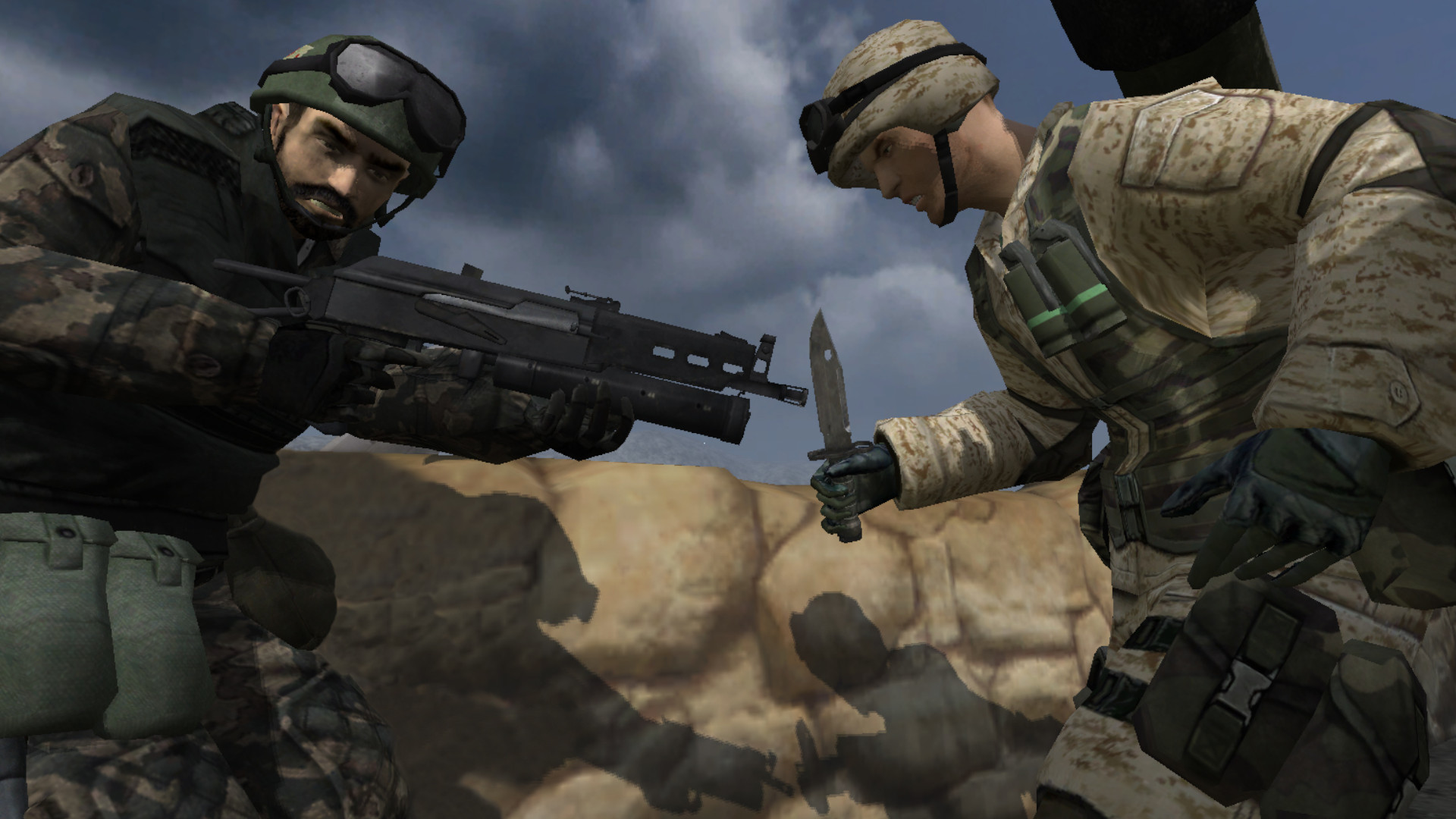 A soldier pointing a gun at another soldier who is holding a knife during Battlefield 2.