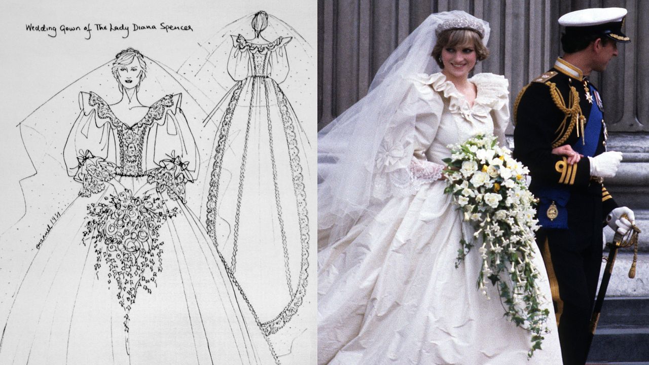 A sketch of Princess Diana&#039;s wedding dress next to a photo of Diana looking down and smiling and Charles looking to the side on their wedding day 