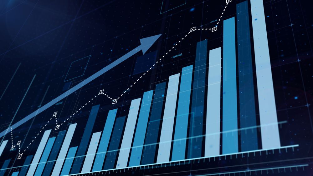 3D blue bar graph rising, sotck market informations