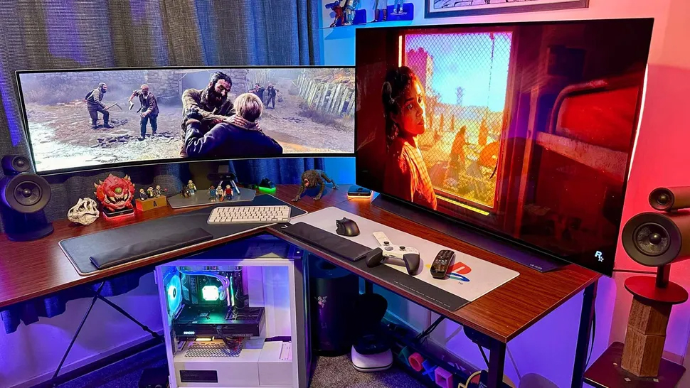 A home-built gaming PC playing Resident Evil 4 on one screen with a GTA 6 trailer on the other