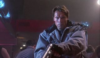 The Terminator T-800 raises his gun to fire in the club