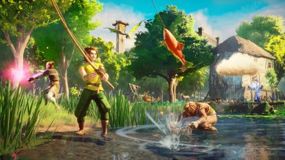 Players fishing and chopping wood in a forest in RuneScape: Dragonwilds