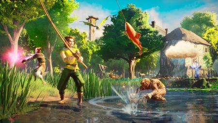 Players fishing and chopping wood in a forest in RuneScape: Dragonwilds