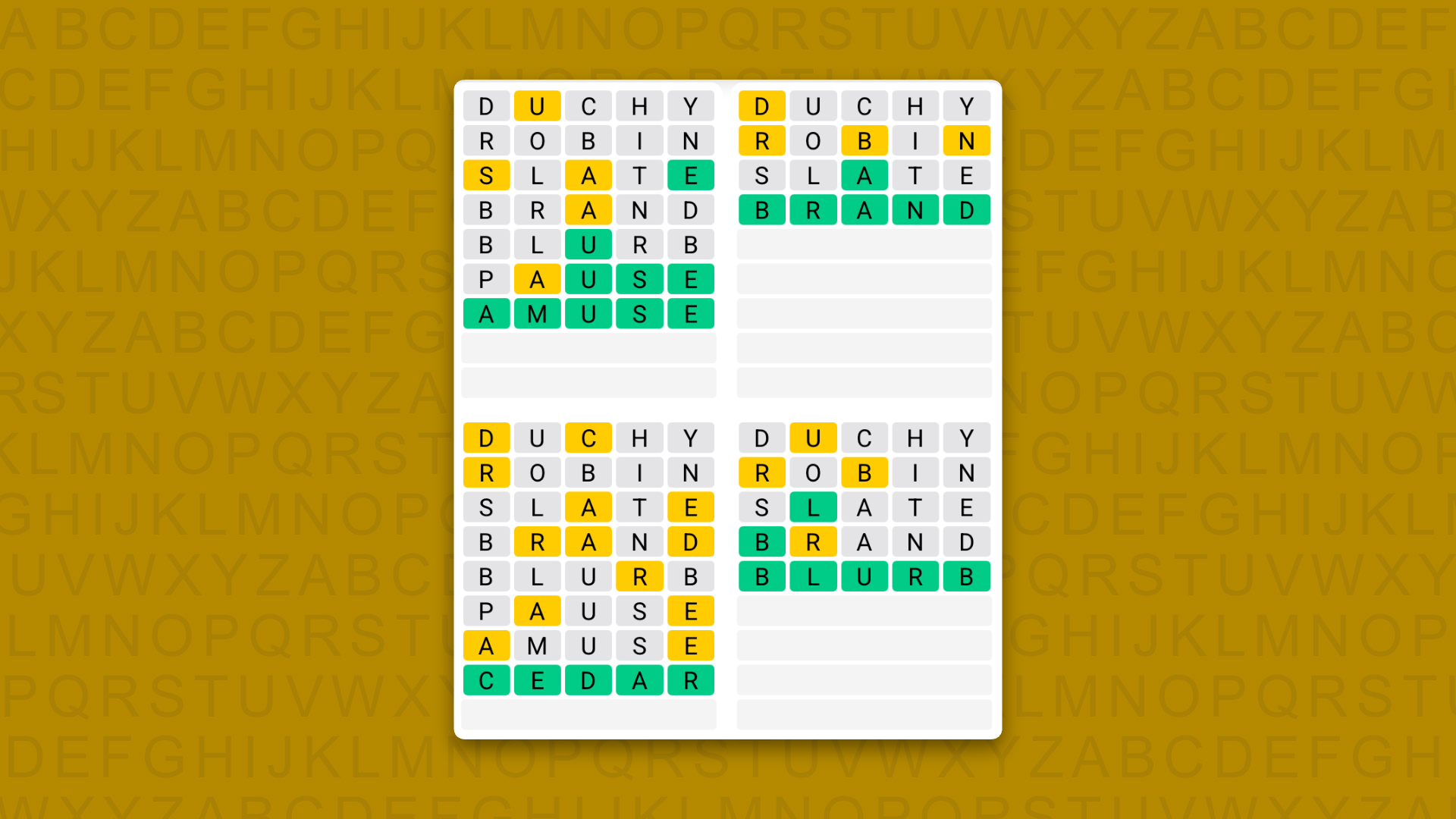 Quordle answers for game 1655 on a yellow background