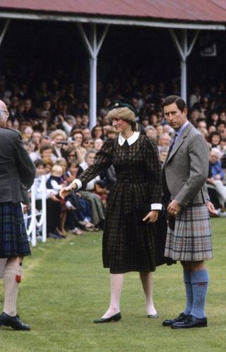 Princess Diana in Brown Tartan Dress at Braemar Highland Games