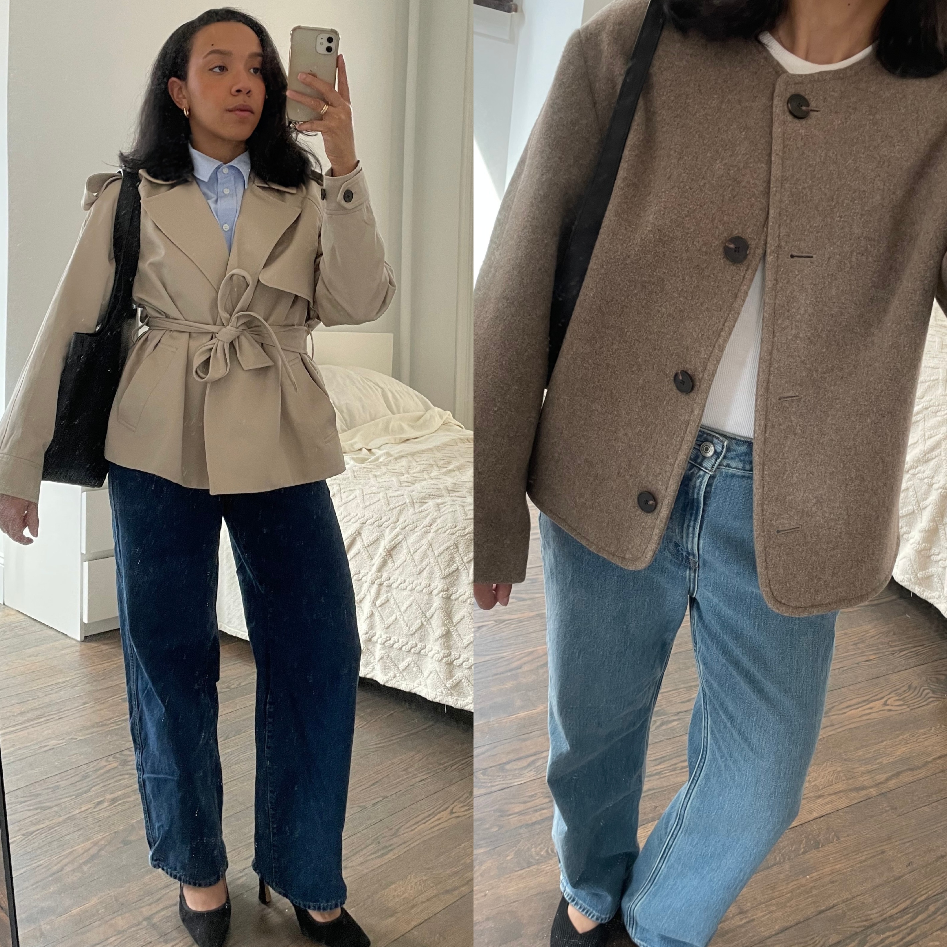 Lauren Tappan wearing a cropped trench coat and jeans; Lauren Tappan wearing a collarless coat and jeans 