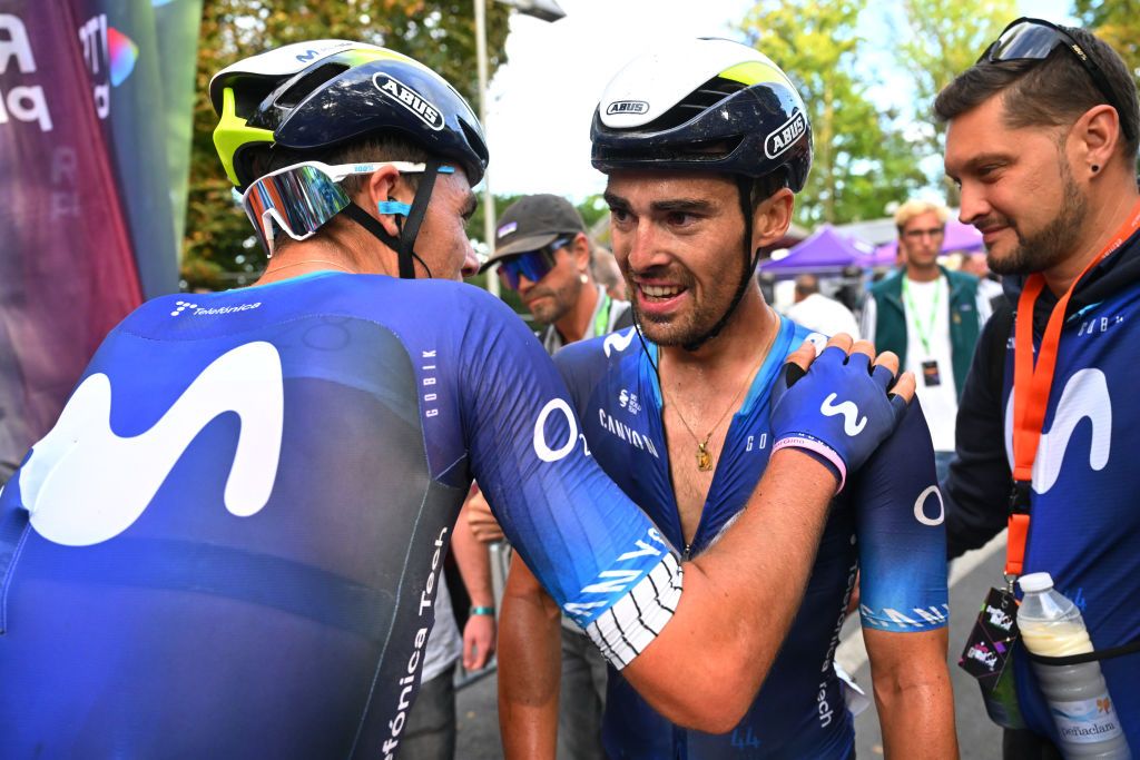 CITADELLE DE NAMUR BELGIUM SEPTEMBER 13 LR Johan Jacobs of Switzerland and race winner Gonzalo Serrano of Spain and Movistar Team react after the 63rd Grand Prix De Wallonie 2023 a 2013km one day race from Aywaille to Citadelle de Namur 196m on September 13 2023 in Citadelle de Namur Belgium Photo by Luc ClaessenGetty Images