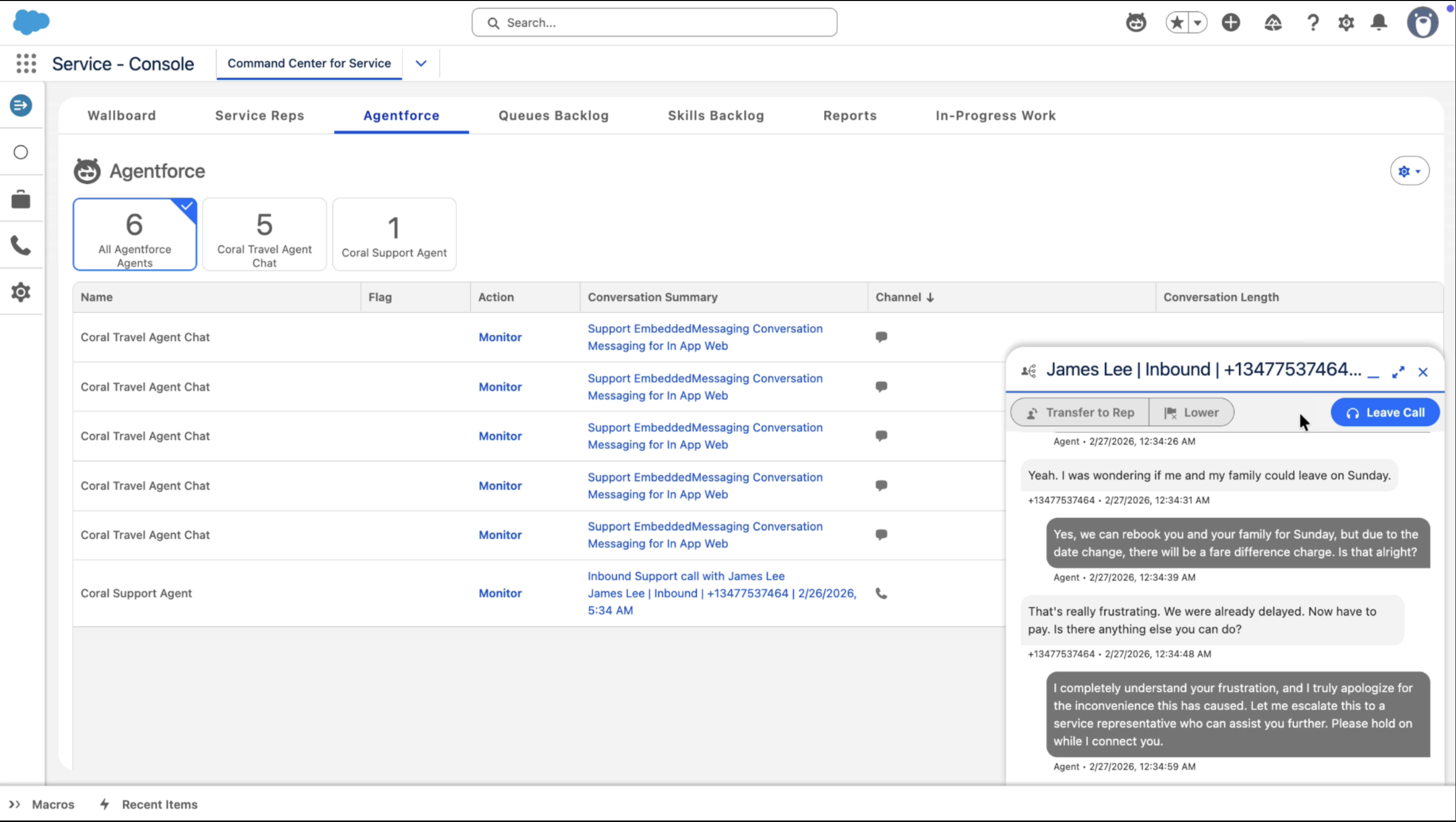 A screenshot of Agentforce Contact Center, including customer conversation summaries and a live chat windows displaying an ongoing customer phone call.