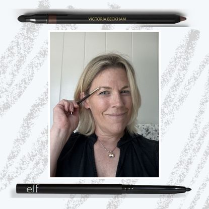 a 60-year-old woman with blonde short hair framed over a pencil drawn background with two eyeliners above and below 