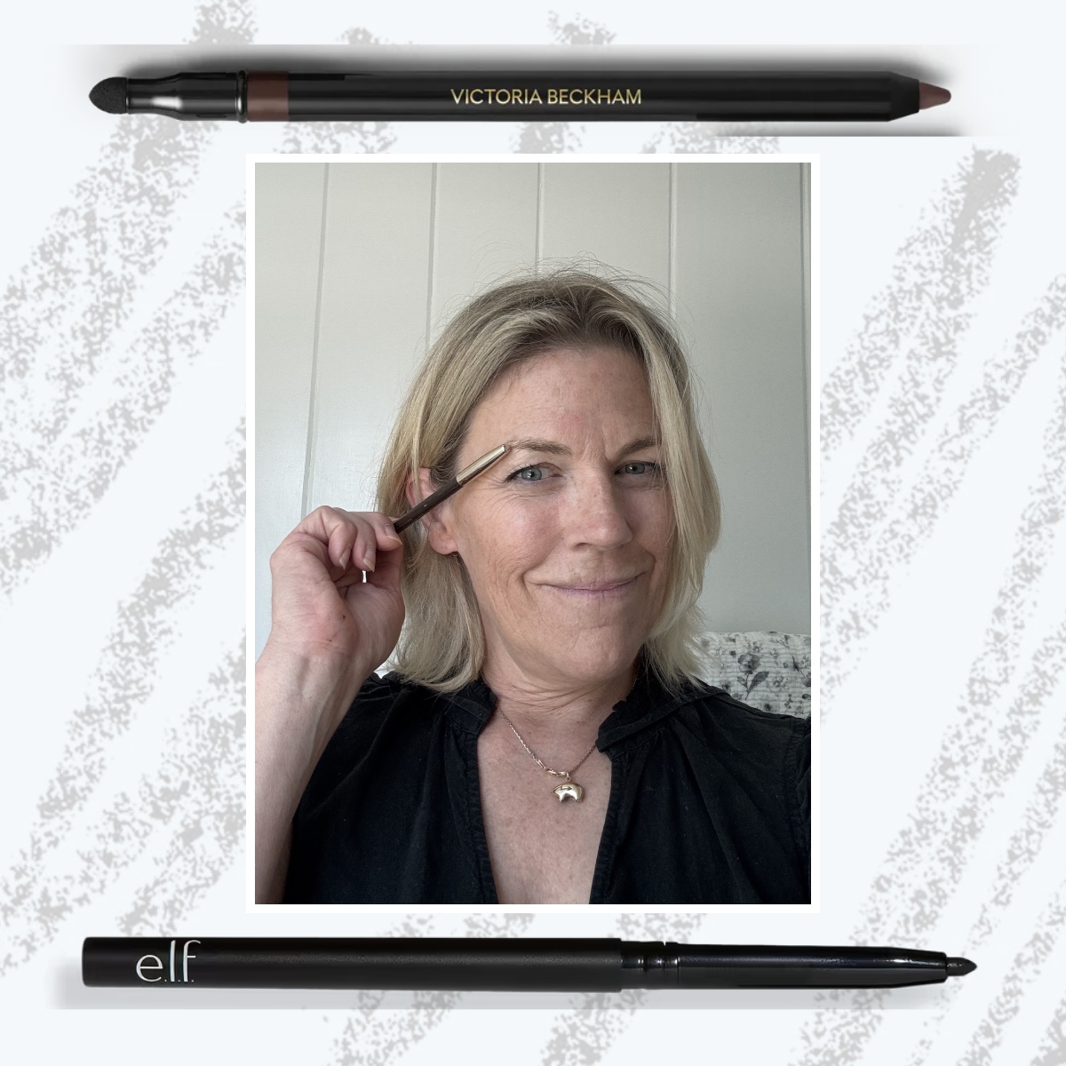 a 60-year-old woman with blonde short hair framed over a pencil drawn background with two eyeliners above and below 