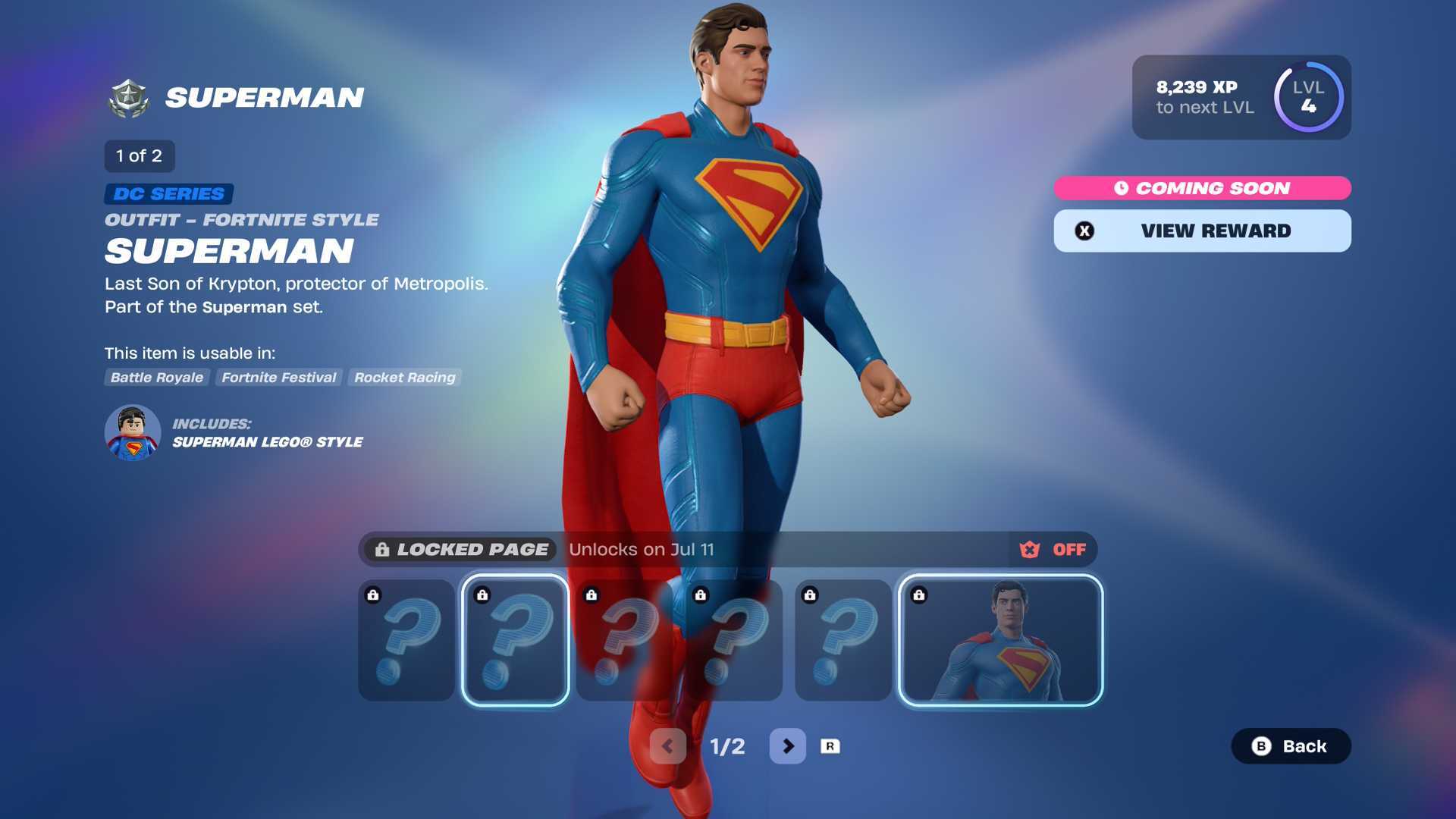The Superman skin highlighted in the Battle Pass menu
