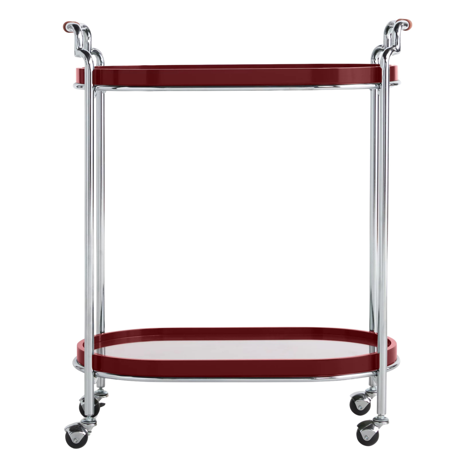 A deep red and silver rolling bar cart