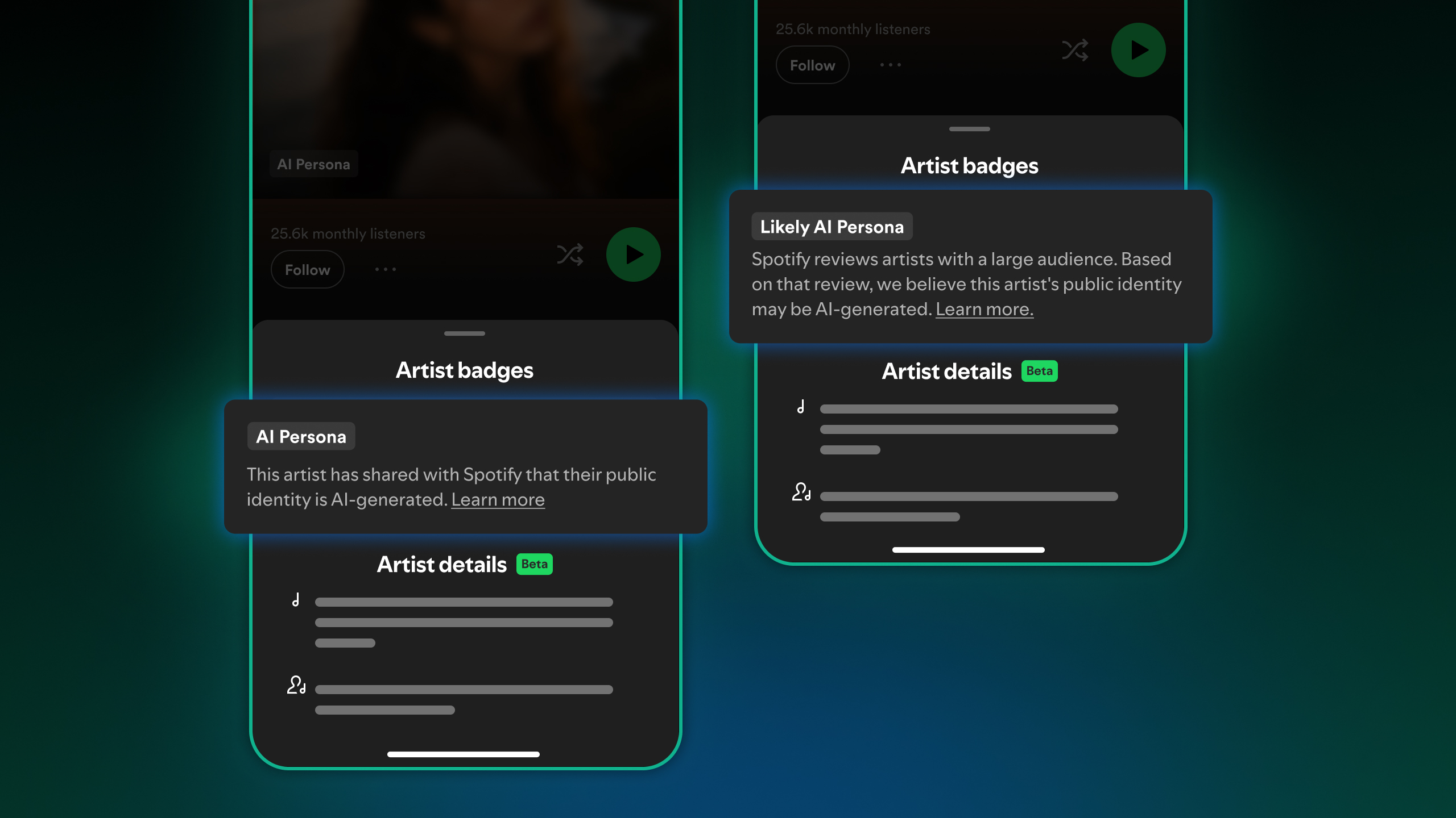 Two smartphone screens showing the Spotify app with Spotify's new AI Persona tags