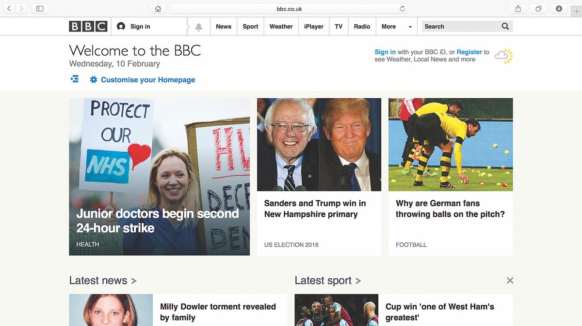 A cached image of the BBC homepage featuring a selection of news headlines