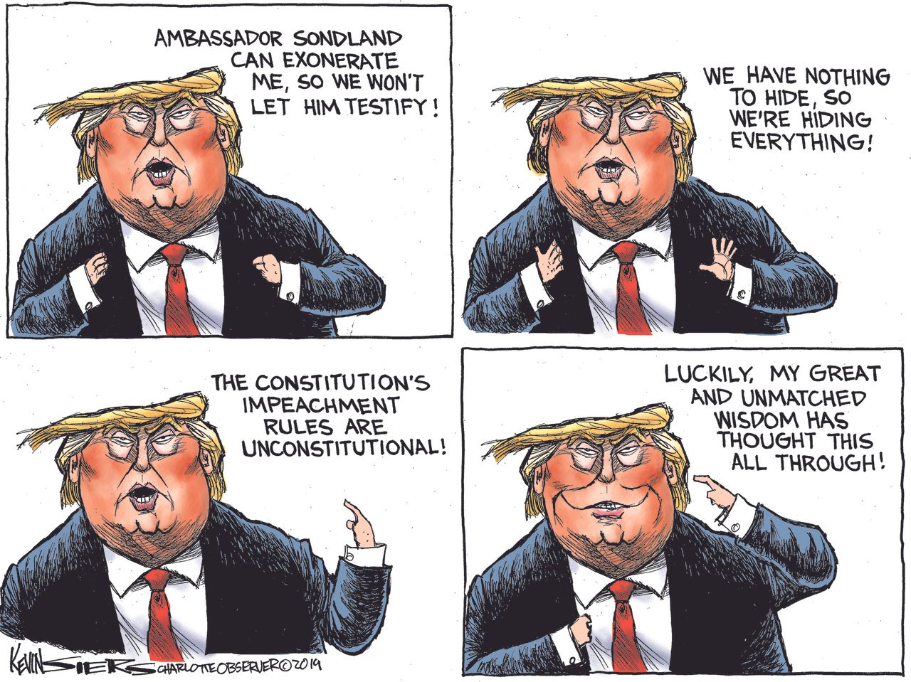 Political Cartoon U.S. Trump Wisdom Stonewalling Impeachment Investigation