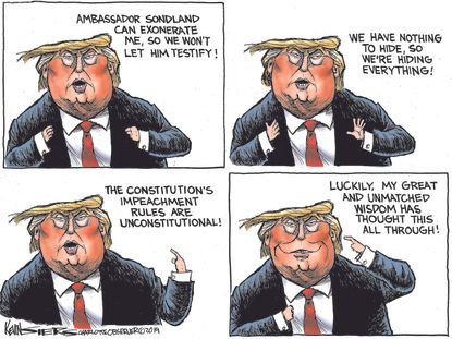 Political Cartoon U.S. Trump Wisdom Stonewalling Impeachment Investigation