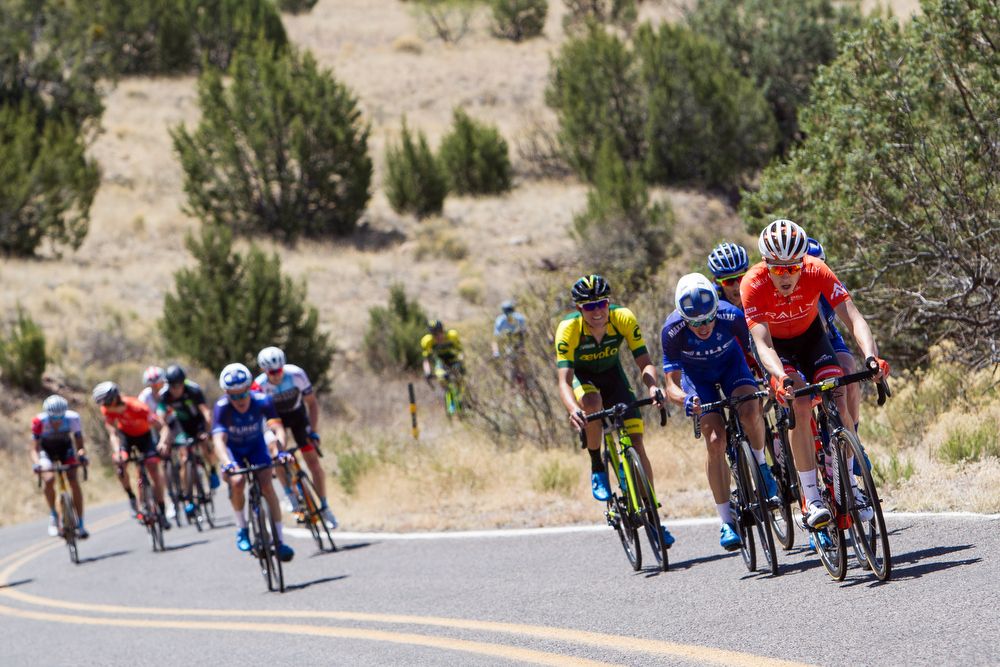 The field splits on the steep section of the final climb of stage 1 of the Tour of The Gila on April 18, 2018 in Silver City,