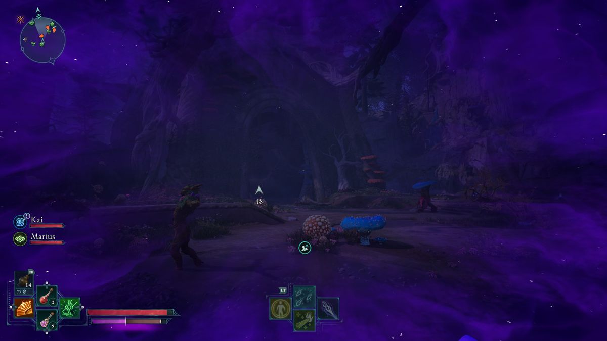 Avowed delemgan queen stealth route - A player in stealth using the Shadowing Beyond skill with a purple screen overlay approaching the Delemgan Queen