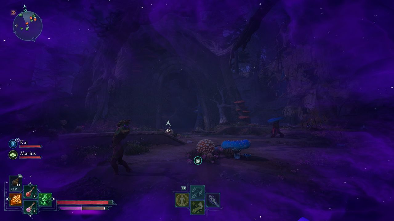 Avowed delemgan queen stealth route - A player in stealth using the Shadowing Beyond skill with a purple screen overlay approaching the Delemgan Queen