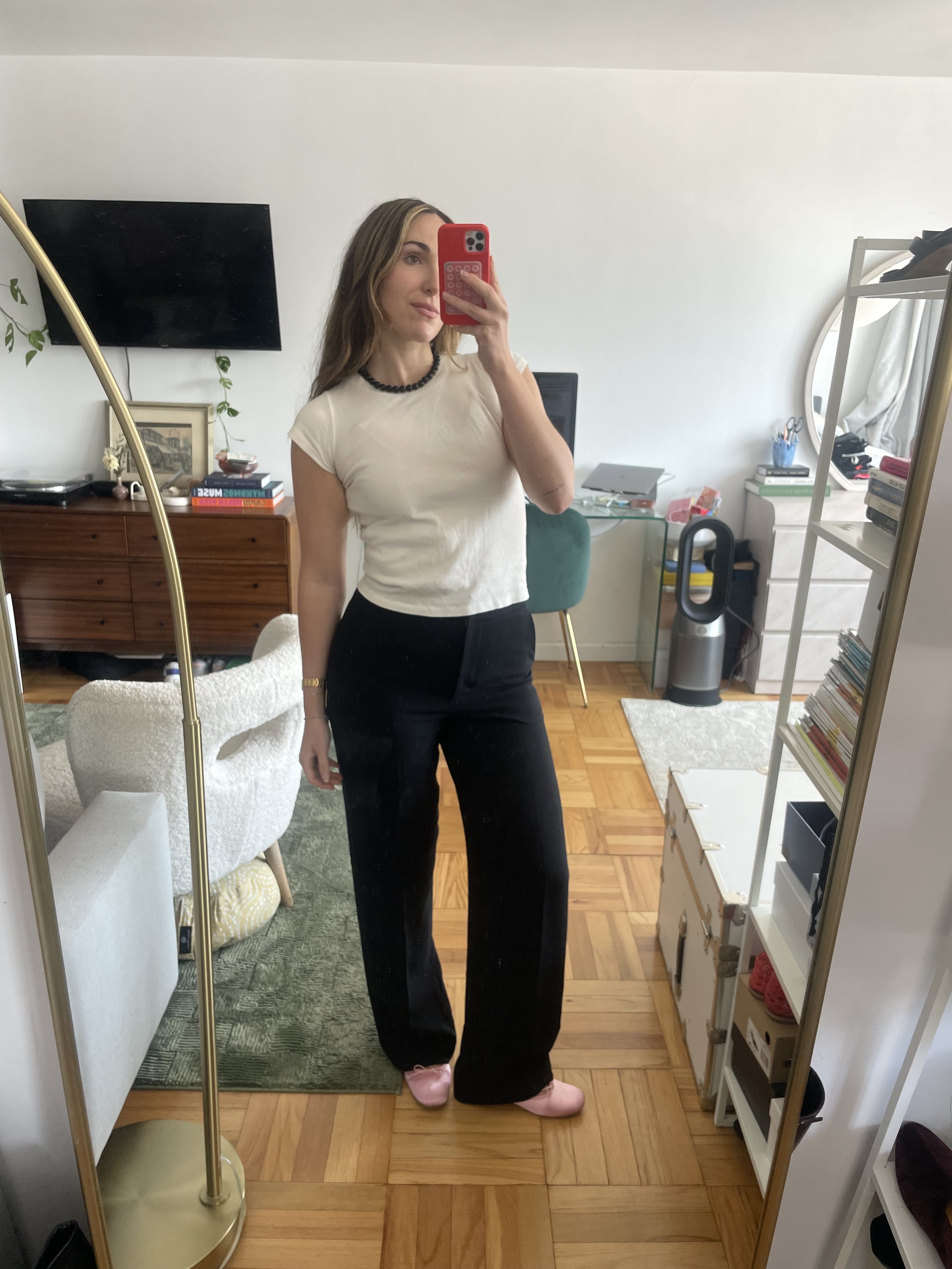 Anna LaPlaca wearing the best affordable alternatives to The Row Gala Pants