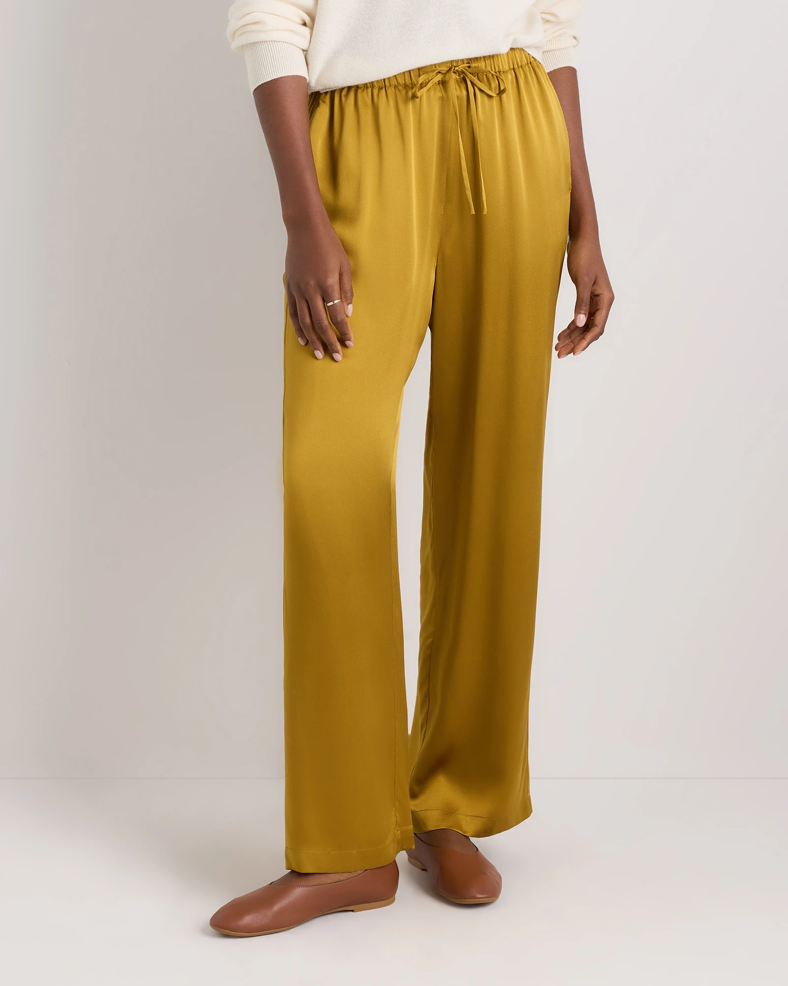 100% Washable Silk Drawstring Wide Leg Pants in Mineral Yellow