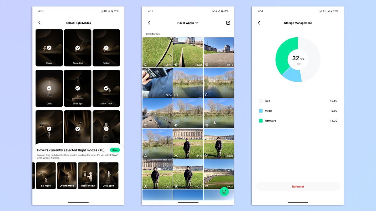 A compilation of screenshots showing the HoverAir X1 app on Google Pixel 7 Pro