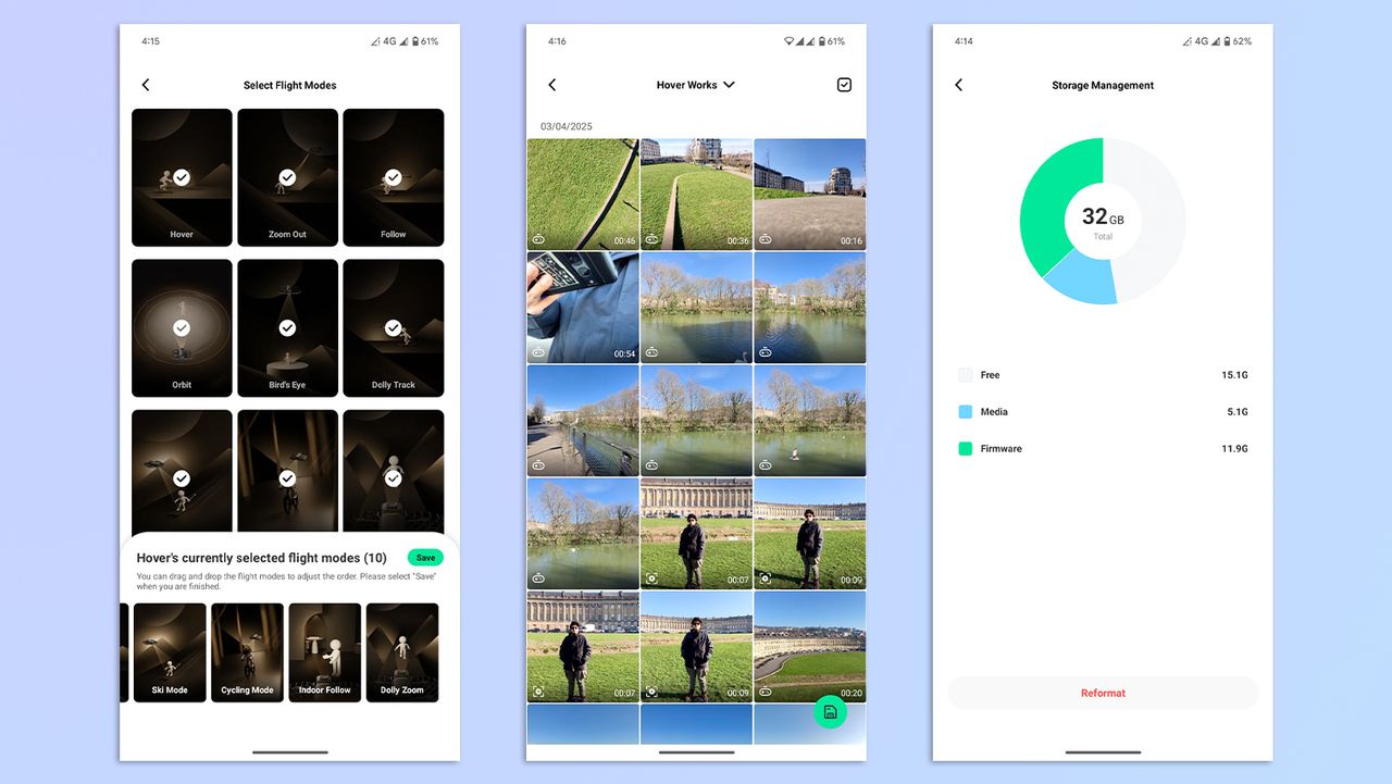 A compilation of screenshots showing the HoverAir X1 app on Google Pixel 7 Pro