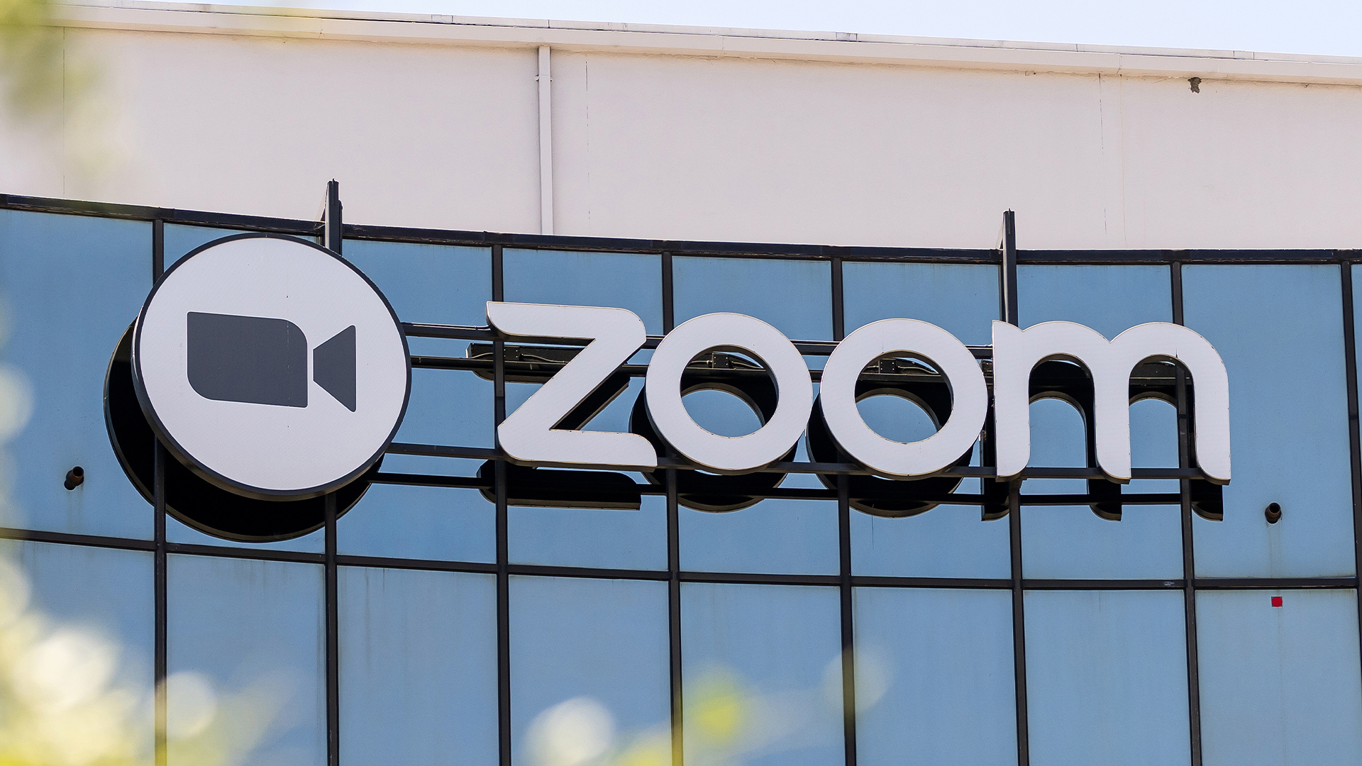 Zoom logo pictured on the facade of the company headquarters in San Jose, California. 