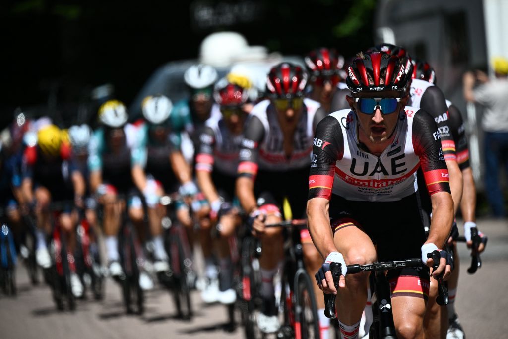 UAE Team Emirates riders pictured in action during stage seven of the Tour de France cycling race a 176 km race from Tomblaine to La Super Planche des Belles Filles France on Friday 08 July 2022 This years Tour de France takes place from 01 to 24 July 2022 BELGA PHOTO POOL JASPER JACOBS UK OUT Photo by JASPER JACOBS BELGA MAG Belga via AFP Photo by JASPER JACOBSBELGA MAGAFP via Getty Images