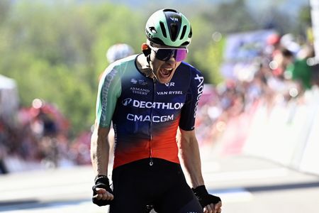 Decathlon CMA CGM's Paul Seixas celebrates as he crosses the finish line to win 'La Fl&egrave;che Wallonne' on April 22, 2026 in Huy