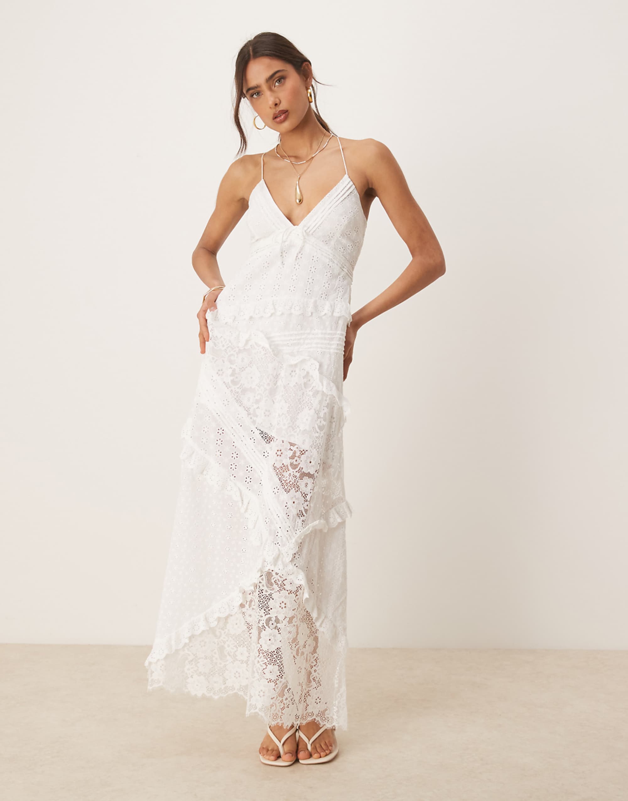 For Love & Lemons Rosalyn Lace Detail Maxi Dress in White
