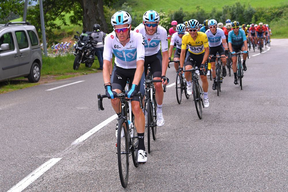 Team Sky and overall race leader Michal Kwiatkowski during stage 1 at Criterium du Dauphine