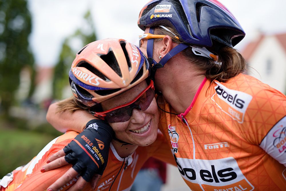 Chantal Blaak celebrates winning the GC with teammate, Karol-Ann Canuel at the 119 km Stage 6 of the Boels Ladies Tour 2016