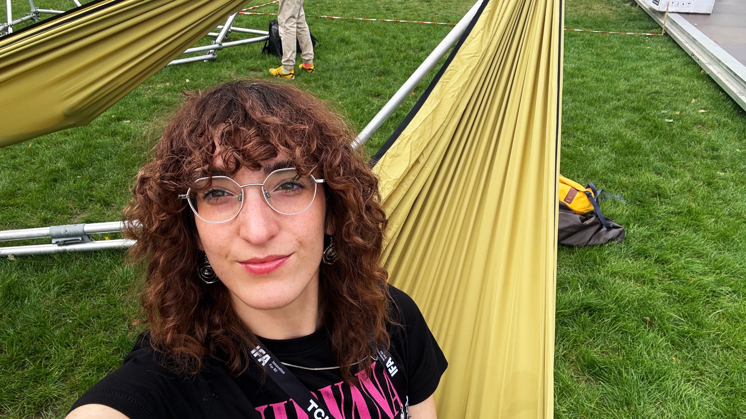 a photo of the author in a lime green music hammock